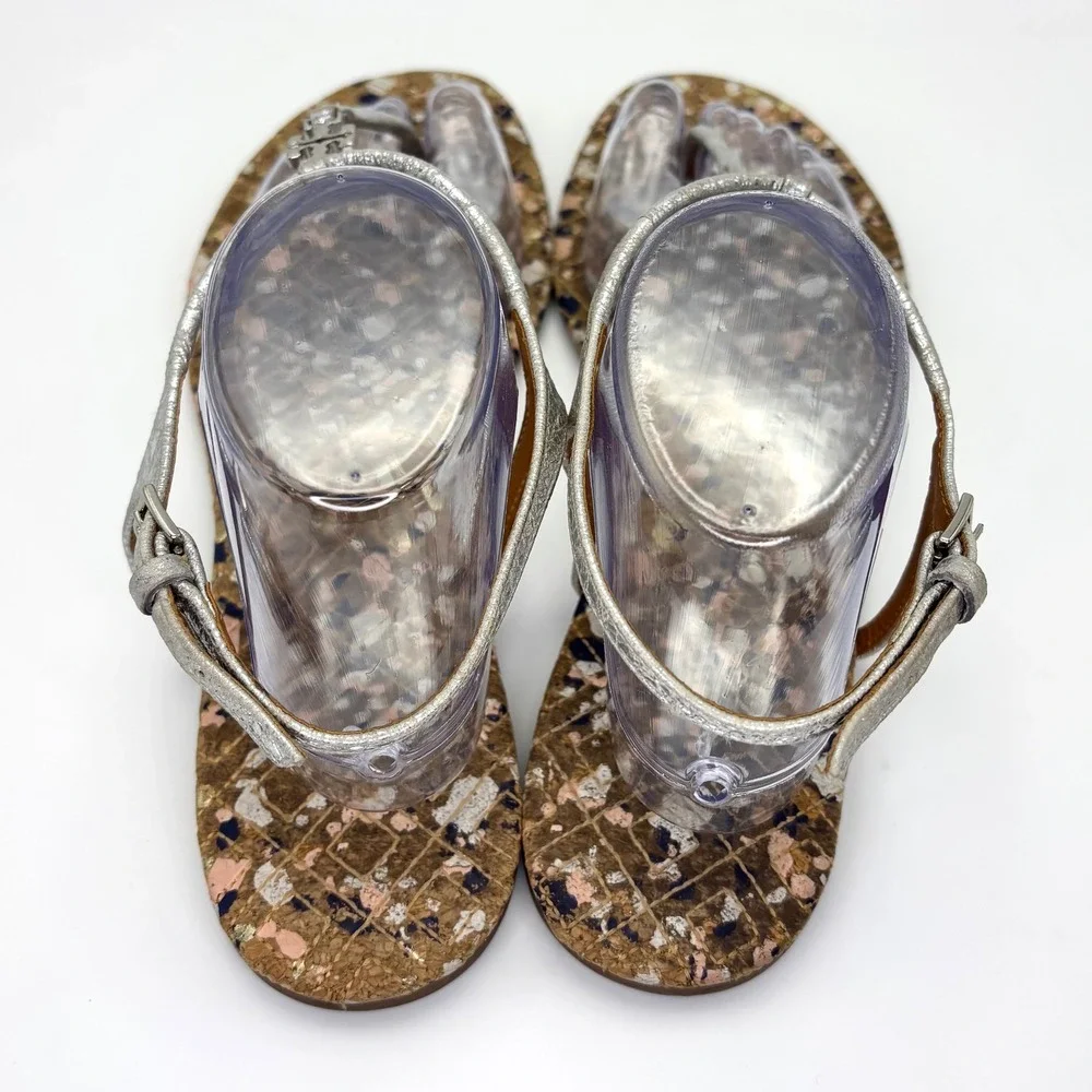 Tory Burch Marion Confetti Women's 10.5 Silver Metallic Leather T-Strap Sandals
